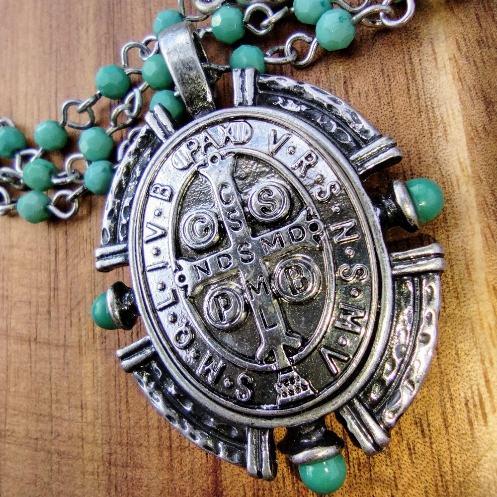 Vintage St. Benedict Blue Rosary Necklace Religious Jewelry Accessories prayer